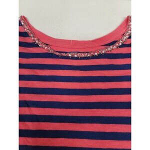 JCP Coral Striped‎ T-Shirt Top with Embellished Neckline, Casual Tee Sz Large
